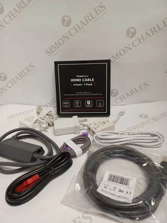 BOX OF ASSORTED HOUSEHOLD & ELECTRICAL CABLES TO INCLUDE HDMI CABLES, POWER SUPPLIES, USB PLUGS ETC