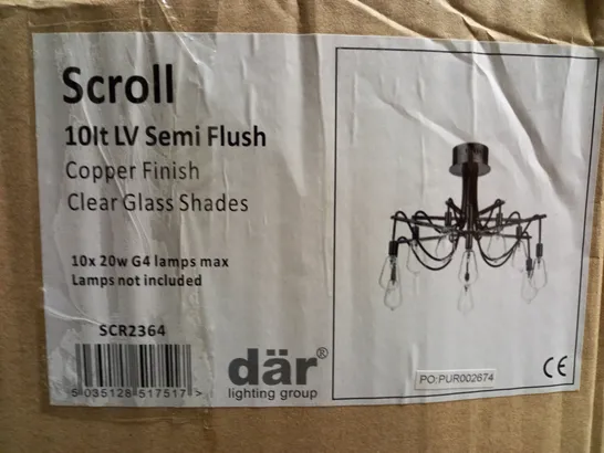 BOXED DAR SCROLL 10 LIGHT LV SEMI FLUSH COPPER FINISH WITH CLEAR GLASS SHADES