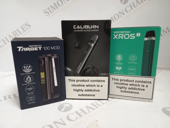 APPROXIMATELY 20 ASSORTED BOXED VAPING PRODUCTS TO INCLUDE UWELL CALIBURN A2 POD SYSTEM, VAPORESSO TARGET 100 MOD, VAPORESSO XROS 2 ETC. 