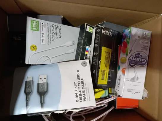 BOX OF APPROXIMATELY 20 ASSORTED ELECTRICAL ITEMS TO INCLUDE ASDA TECH SYNC & CHARGE CABLE, JVC GUMY STEREO HEADPHONES, ASDA TECH TRUE WIRELESS EARBUDS, ETC