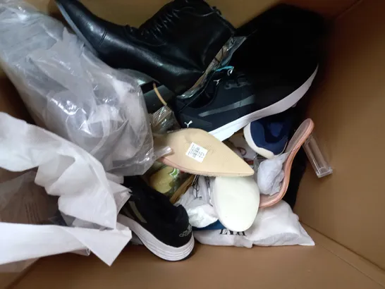 BOX OF APPROXIMATELY 10 ASSORTED PAIRS OF SHOES AND FOOTWEAR ITEMS IN VARIOUS STYLES AND SIZES TO INCLUDE SHELN, JACQUEMUS, ETC