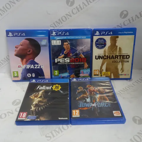 LOT OF 5 PS4 GAMES, TO INCLUDE FIFA, UNCHARTED, JUMP FORCE, ETC
