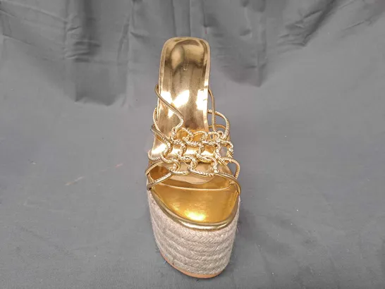 BOXED PAIR OF DESIGNER HIGH WEDGE SANDALS IN METALLIC GOLD SIZE 6