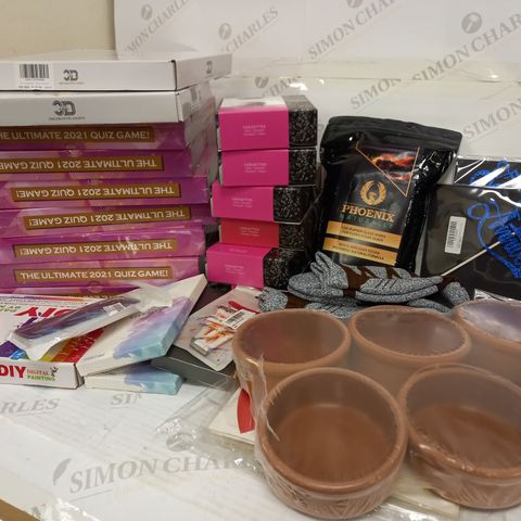 BOX OF ASSORTED ITEMS TO INCLUDE CLAY OVENPROOF DISHES PACK OF 6, 2X DECORATIVE LED LIGHTS, PHONE CASES, 6X CERISETTES CHOCOLATE, 7X 2021 BIG FAT QUIZ BOARD GAME, DIY PAINT BY NUMBERS KIT, ETC