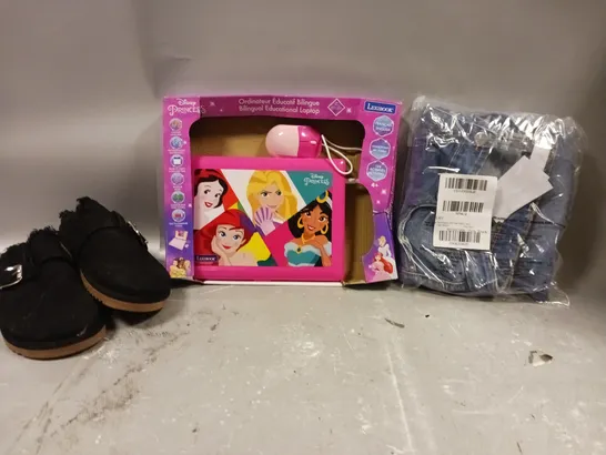 BOX OF APPROXIMATELY 5 ASSORTED ITEMS TO INCLUDE - NEW LOOK CLOGS , DISNEY PRUNCESS LEXIBOOK , EVERYDAY SKINNY JEANS ETC