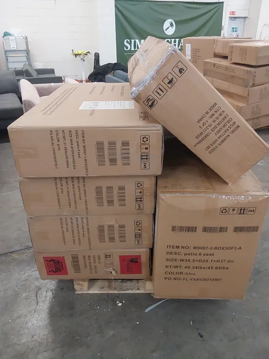 PALLET OF ASSORTED BOXED BRAND NEW INCOMPLETE GARDEN AND PATIO FURNITURE SETS 