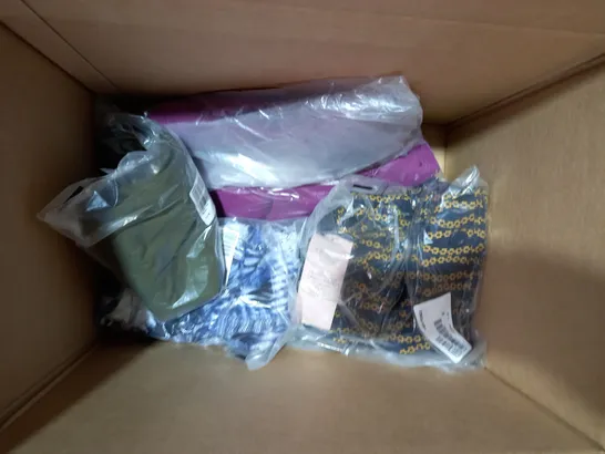 BOX OF APPROXIMATELY 10 ASSORTED HOUSEHOLD ITEMS TO INCLUDE PHASE EIGHT MINI DRESS SIZE 20, DESIGNER BLANKET HOODIE IN CRANBERRY COLOUR ONE SIZE, DESIGNER LOW TOP IN STONE COLOUR ONE SIZE, ETC