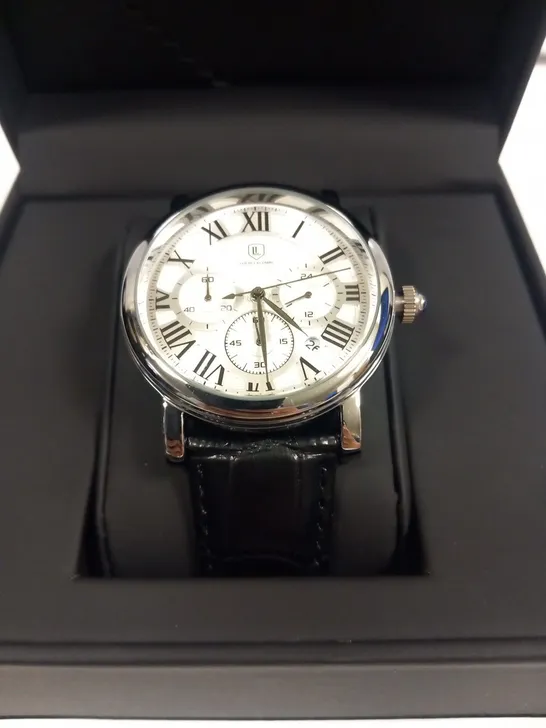 MENS LOUIS LACOMBE CHRONOGRAPH WATCH – MULTI FUNCTION DIAL WITH DATE – ROMAN NUMERAL DIAL – LEATHER STRAP – GIFT BOX – EST £420