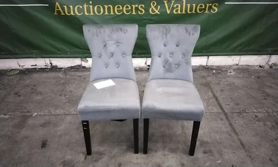 PAIR OF KENSINGTON GREY VELVET BUTTON BACK DINING CHAIRS WITH BLACK LEGS