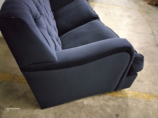 DESIGNER METAL ACTION SOFABED IN BUTTONED BLUE PLUSH FABRIC 