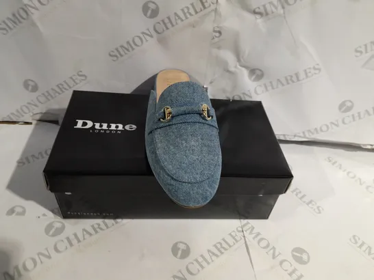 BOXED PAIR OF DUNE LONDON LOAFERS IN BLUE DENIM UK SIZE 6