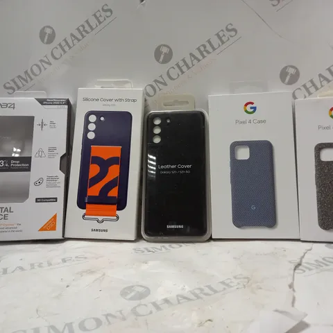 BOX OF APPROX 35 ASSORTED PROTECTIVE PHONE CASES FOR VARIOUS MODELS TO INCLUDE - PIXEL 4A CASE - SAMSUNG GALAXY S21+ - GEAR 4 CRYSTAL PALACE IPHONE 2020 5.4 ECT