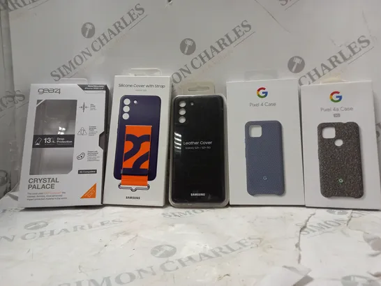 BOX OF APPROX 35 ASSORTED PROTECTIVE PHONE CASES FOR VARIOUS MODELS TO INCLUDE - PIXEL 4A CASE - SAMSUNG GALAXY S21+ - GEAR 4 CRYSTAL PALACE IPHONE 2020 5.4 ECT