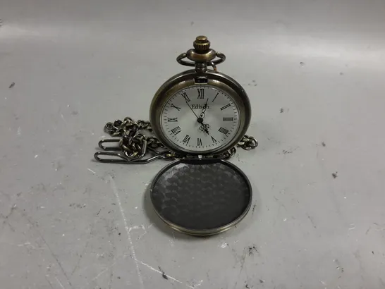 BOXED EDISON MENS QUARTZ POCKET WATCH WITH CHAIN SATIN GOLD 