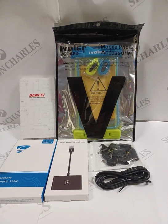 BOX OF ASSORTED MOBILE PHONE ACCESSORIES TO INCLUDE IVOLER VGUARD PACK, IPHONE WIRELESS CARPLAY DONGLE, ASSORTED AUDIO JACKS, ETC