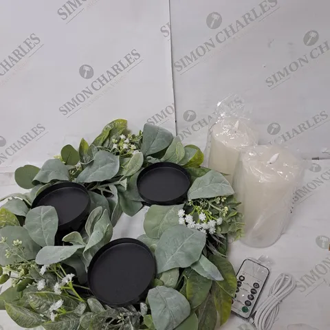 FLAMELESS CANDLES AND WREATH SET 