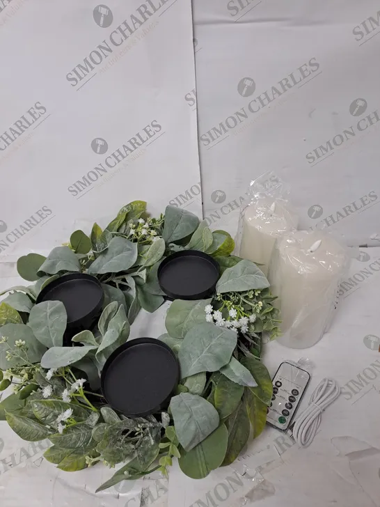 FLAMELESS CANDLES AND WREATH SET 