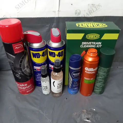 BOX OF APPROXIMATELY 10 ASSORTED AEROSOLS TO INCLUDE - FENWICKS DRIVETRAIN CLEANING KIT - THE LAB CO SLEEP MIST - APEC BRAKE CLEANER - ETC - COLLECTION ONLY