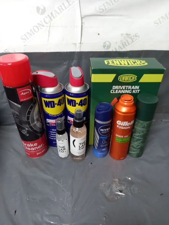 BOX OF APPROXIMATELY 10 ASSORTED AEROSOLS TO INCLUDE - FENWICKS DRIVETRAIN CLEANING KIT - THE LAB CO SLEEP MIST - APEC BRAKE CLEANER - ETC - COLLECTION ONLY