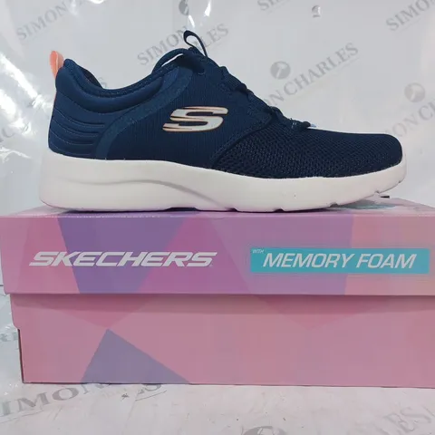 BOXED PAIR OF SKECHERS MEMORY FOAM MESH TRAINERS IN NAVY SIZE 5.5