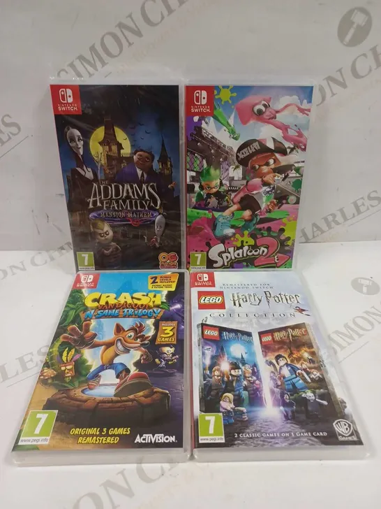 LOT TO CONTAIN 4 X ASSORTED NINTENDO SWITCH GAMES, INCLUDES CRASH BANDICOOT, HARRY POTTER LEGO GAME, SPLATOON 2 ETC 