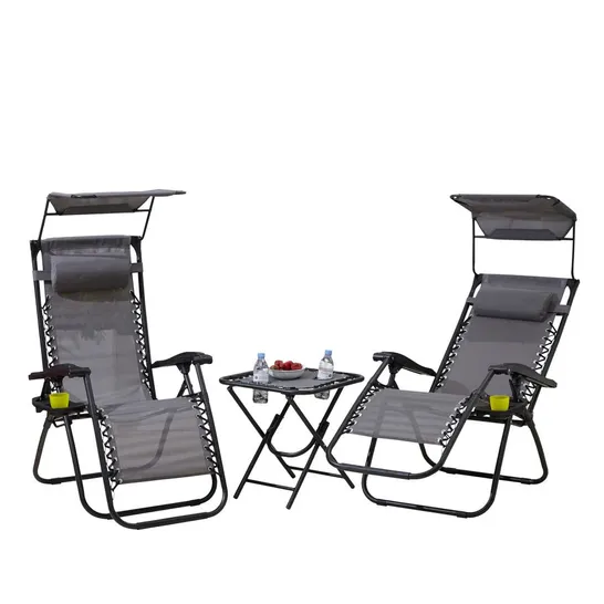 BOXED NEO GREY FOLDING PORTABLE ZERO GRAVITY CHAIRS AND TABLE SET (1 BOX)