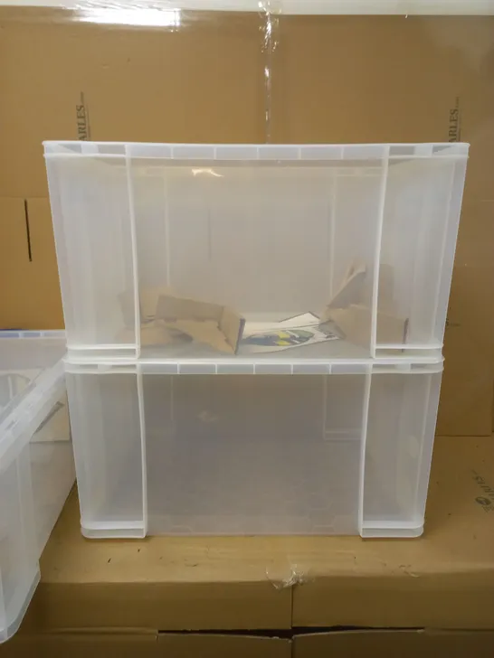 REALLY USEFUL CLEAR PLASTIC STORAGE BOX - 2 X 84L (NO LIDS) & 1 X 64L (WITH LID)