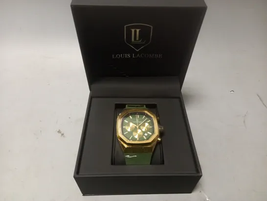 MENS LOUIS LACOMBE CHRONGRAPH WATCH – 3 SUB DIALS – GOLD COLOUR CASE – GREEN RUBBER STRAP