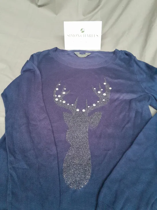 RUTH LANGSFORD LADIES BLUE SEQUINED CHRISTMAS JUMPER SIZE S