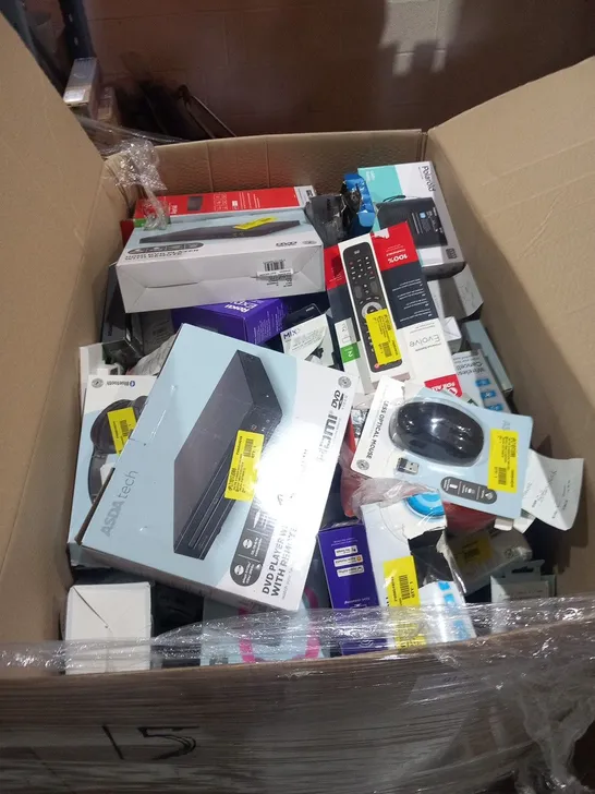 PALLET OF ASSORTED ELECTRICAL PRODUCTS AND ACCESSORIES TO INCLUDE; BLUETOOTH PARTY SPEAKER, SHARP PARTY SPEAKER, POLAROID DAB RADIO, ONE FOR ALL UNIVERSAL REMOTE AND ROKU EXPRESS