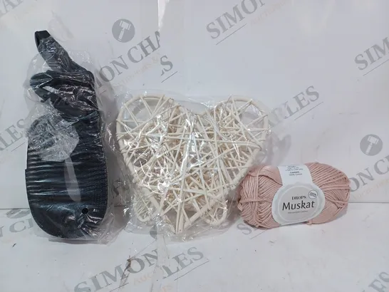 APPROXIMATELY 5 ASSORTED HOUSEHOLD ITEMS TO INCLUDE DROPS MUSKAT MERCERIZED COTTON, DECORATIVE WICKER STYLE HEART LIGHT, ETC