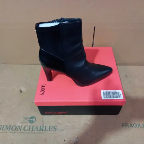 BOXED PAIR OF RUTH LANGSFORD BLACK HEELED BOOTS- SIZE 39