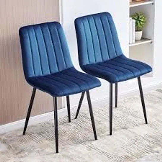 BOXED SET OF 2 BLUE VELVET DINING CHAIRS SET PADDED SEAT METAL LEGS