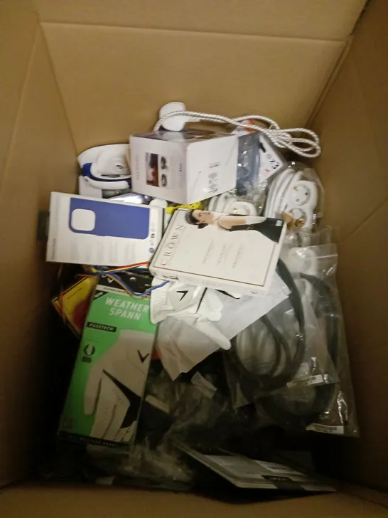 LARGE BOX OF ASSORTED ITEMS TOO INCLUDE GOLF GLOVES , BOARD GAMES AND ELECTRICAL ITEMS , ETC 