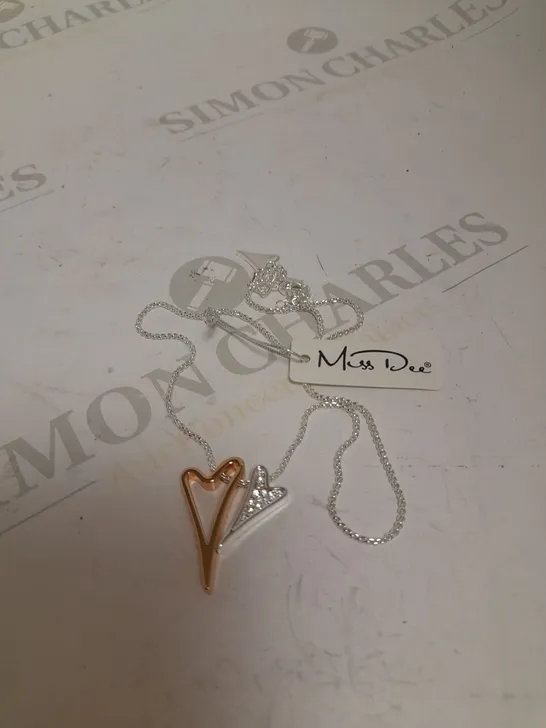 MISS DEE SILVER/ROSE GOLD PLATED NECKLACE WITH HOLLOW AND DIAMANTE HEART PENDANTS