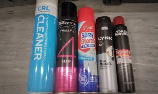 4 TOTES OF ASSORTED AEROSOL CANS INCLUDING CRL GLASS AND MIRROR CLEANER, EXTRA HOLD HAIRSPRAY, SPRAY STARCH EASY IRON SPRAY, LYNX GOLD ANTI SWEAT PROTECTION, LOREAL MEN EXPERT ULTRA STRONG SPRAY