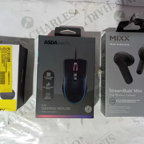 BOX OF APPROXIMATELY 15 ASSORTED ELECTRICAL ITEMS TO INCLUDE MIXX STREAMBUDS MINI, ASDA TECH RGB GAMING MOUSE, JVC GUMY WIRELESS EARBUDS, ETC