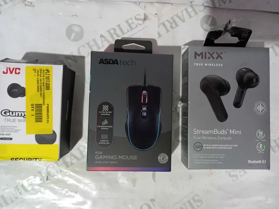 BOX OF APPROXIMATELY 15 ASSORTED ELECTRICAL ITEMS TO INCLUDE MIXX STREAMBUDS MINI, ASDA TECH RGB GAMING MOUSE, JVC GUMY WIRELESS EARBUDS, ETC