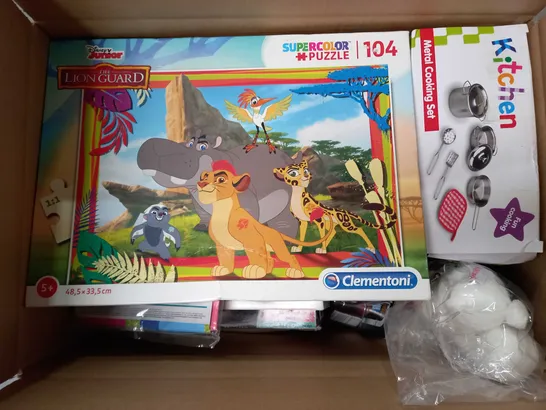 BOX OF APPROX 15 ASSORTED ITEMS TO INCLUDE - DISNEY JUNIOR THE LION GUARD JIGSAW PUZZLE - WHSMITHS COLOURING PENCILS - KITCHEN METAL COOKING KIDS SET ECT