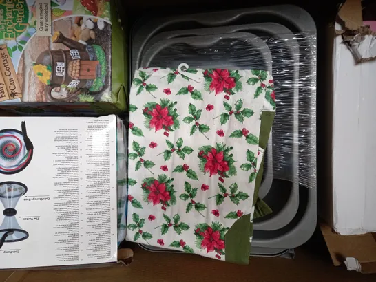 BOX OF APPROXIMATELY 15 ASSORTED HOUSEHOLD ITEMS TO INCLUDE CHRISTMAS SET OF 4 PLACEMATS AND 4 COASTERS, DURANE MUFFIN TRAY, ETC