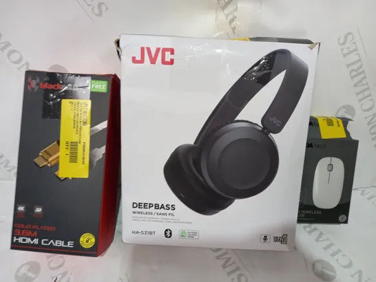 LOT OF APPROXIMATELY 20 ASSORTED HOUSEHOLD ITEMS TO INCLUDE BLACKWEB HSMI CABLE, JVC DEEPBASS WIRELESS HEADPHONES, ASDA TECH SLIM WIRELESS MOUSE, ETC