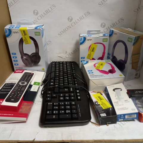 LOT OF ASSORTED ITEMS TO INCLUDE HEADPHONES, KEYBOARDS AND UNIVERSAL REMOTES