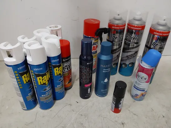 TWO TOTES OF ASSORTED AEROSOLS INCLUDING, HOLTS DEICER, FOAM CLEANER, RAID FLY KILLER, FOAM GAP FILLER, SHAVING FOAM