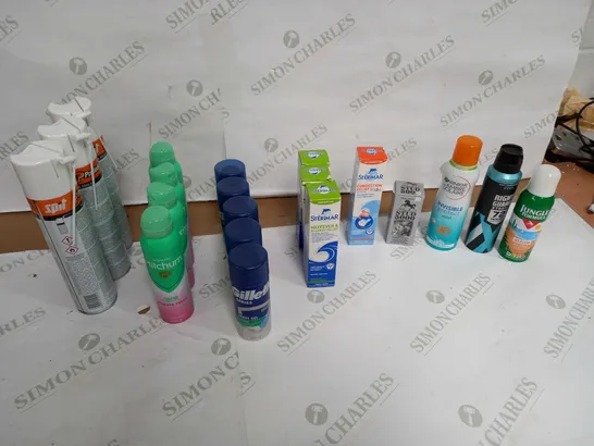 LOT OF APPROX 20 ASSORTED AEROSOLS TO INCLUDE TOOL CLEANER, SHAVING GEL, HAYFEVER RELIEF ETC