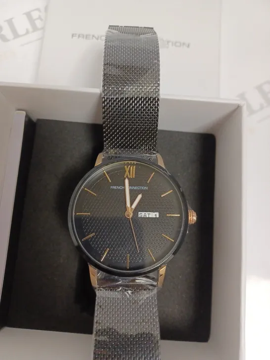 BOXED FRENCH CONNECTION LADIES BLACK DIAL WATCH - BLACK & ROSE GOLD