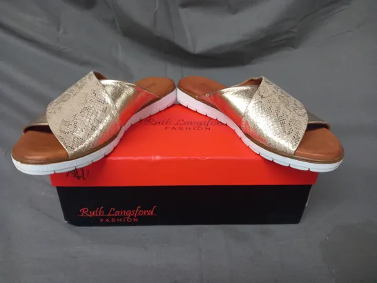 BOXED PAIR OF RUTH LANGSFORD FLAT SANDALS IN METALLIC CHAMPAGNE GOLD SIZE 6