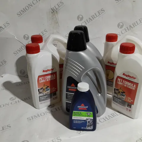 APPROXIMATELY 11 ASSORTED BISSELL AND RUG DOCTOR CLEANING PRODUCTS TO INCLUDE PET FORMULA WATER DETERGENT, CARPET DETERGENT, WASH AND PROTECT PROFESSIONAL ETC.