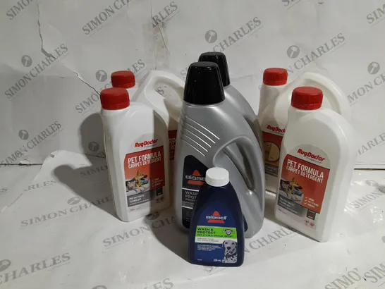 APPROXIMATELY 11 ASSORTED BISSELL AND RUG DOCTOR CLEANING PRODUCTS TO INCLUDE PET FORMULA WATER DETERGENT, CARPET DETERGENT, WASH AND PROTECT PROFESSIONAL ETC.