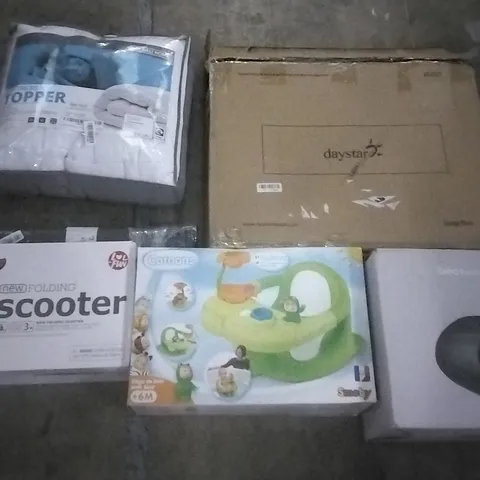 PALLET OF ASSORTED ITEMS INCLUDING FOLDING SCOOTER, MATTRESS TOPPER, COTOONS BABY TOY BATH SET, BREO FOOT MASSAGER, DAYSTAR ORANGE WAVE, OUTDOOR RUG