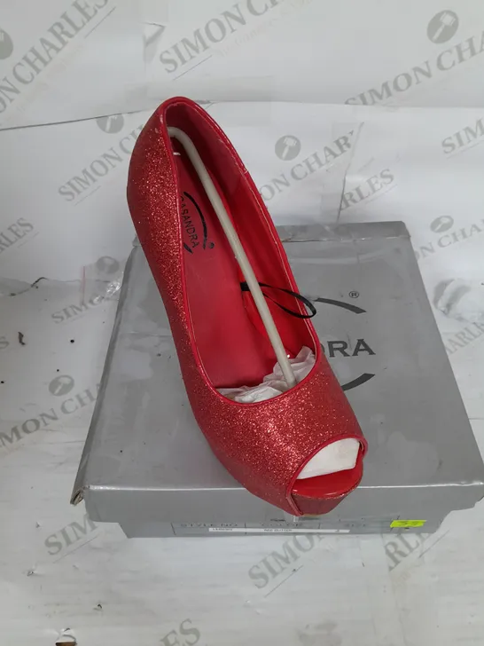 BOXED PAIR OF CASANDRA PLATFORM STILLETO HEEL OPEN TOE IN RED GLITTER SIZE 5